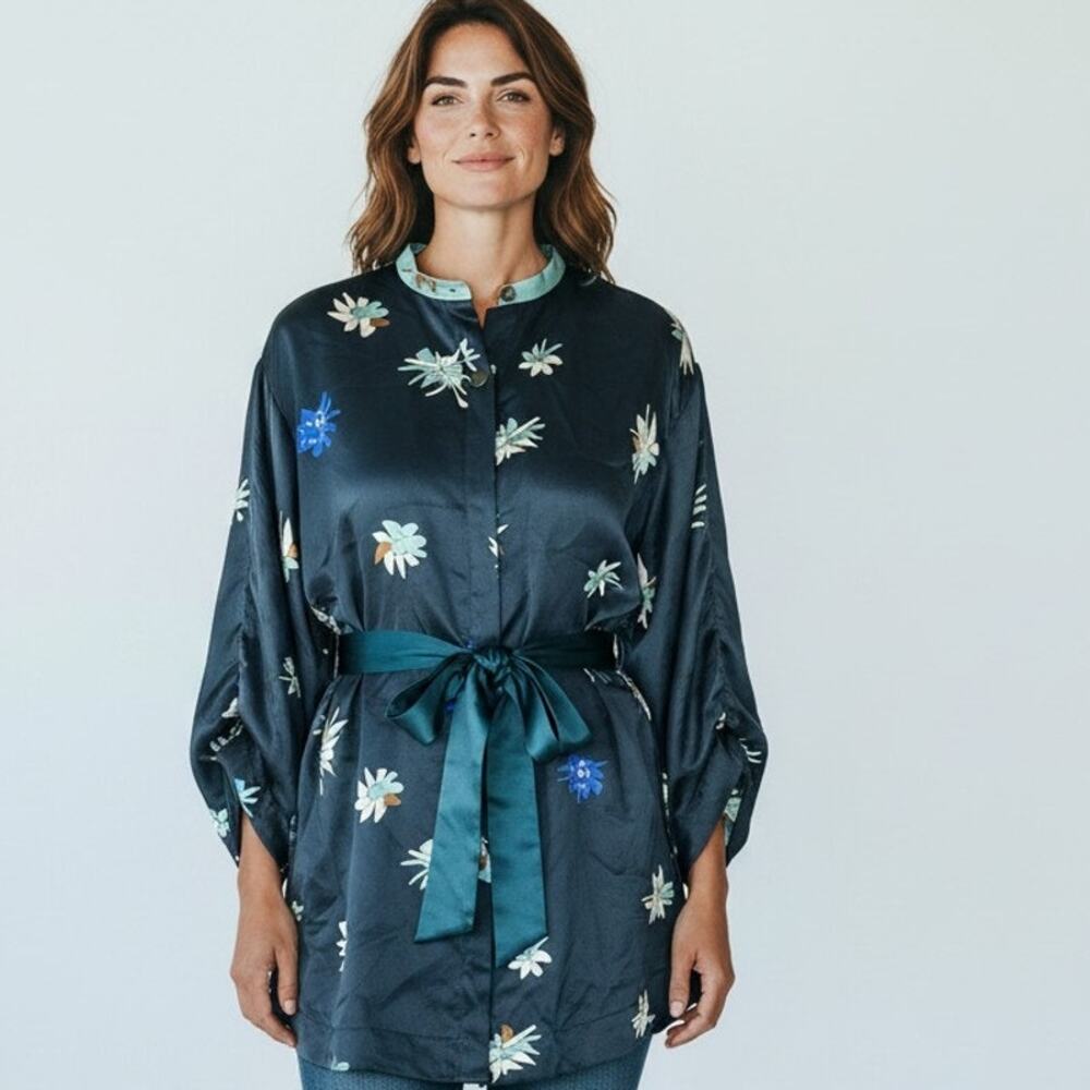 2XL Luxury Roksanda Ilincic 100% Silk Mini Kimono Robe Top Tie Waist Tunic
